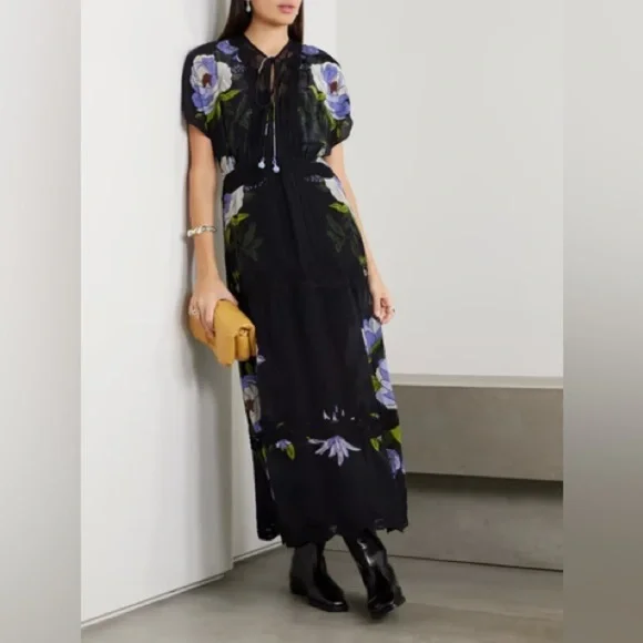 FARM RIO Soft Garden Black Lace Maxi Dress XS - Picture 2 of 7